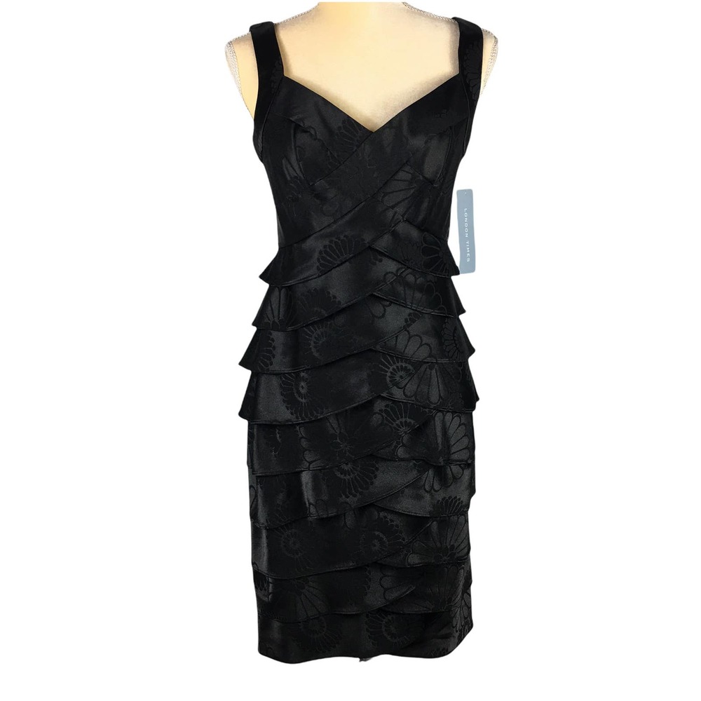 London Times Black Tiered Floral Jacquard Midi Dress